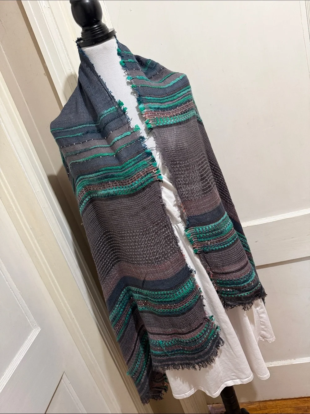 Woven Teal and Charcoal Stripe Women's Scarf